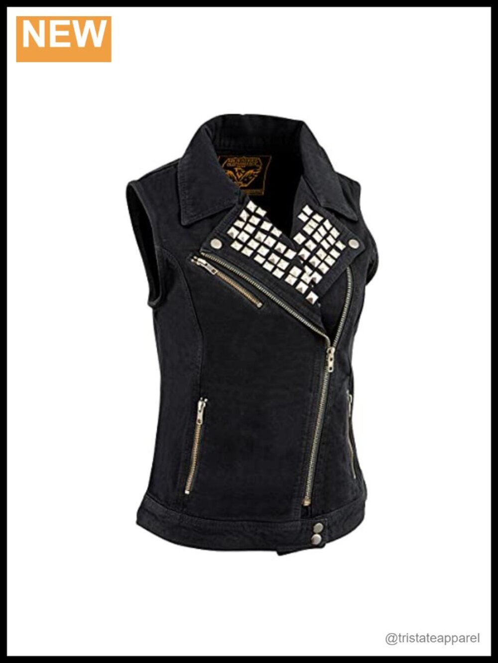 Women's Studded Denim Motorcycle Vest 14oz Cotton Front Zip Sleeveless